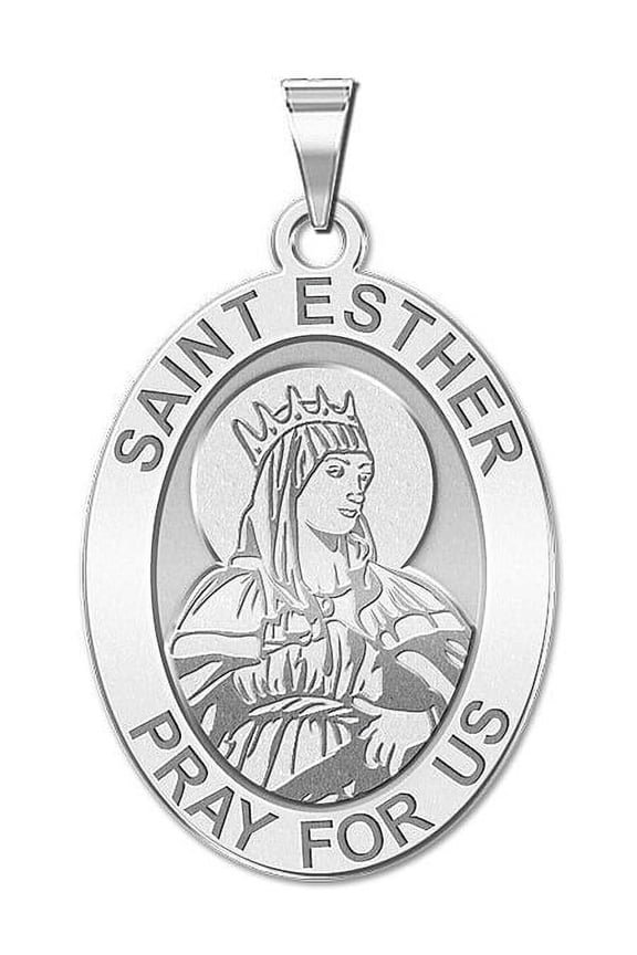Saint Esther Religious Oval Medal - 1/2 Inch X 2/3 Inch - Solid 14K White Gold