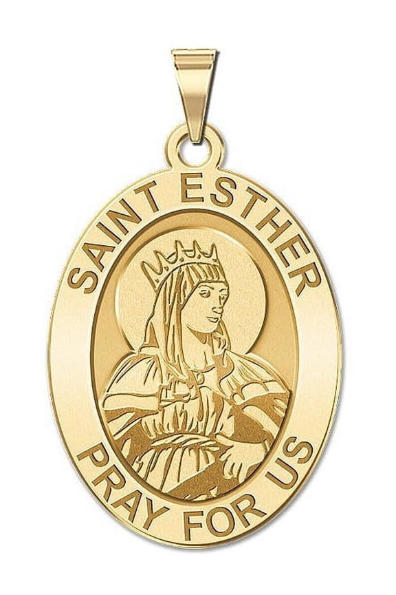Saint Esther Religious Oval Medal - 1/2 Inch X 2/3 Inch - Solid 14K Yellow Gold
