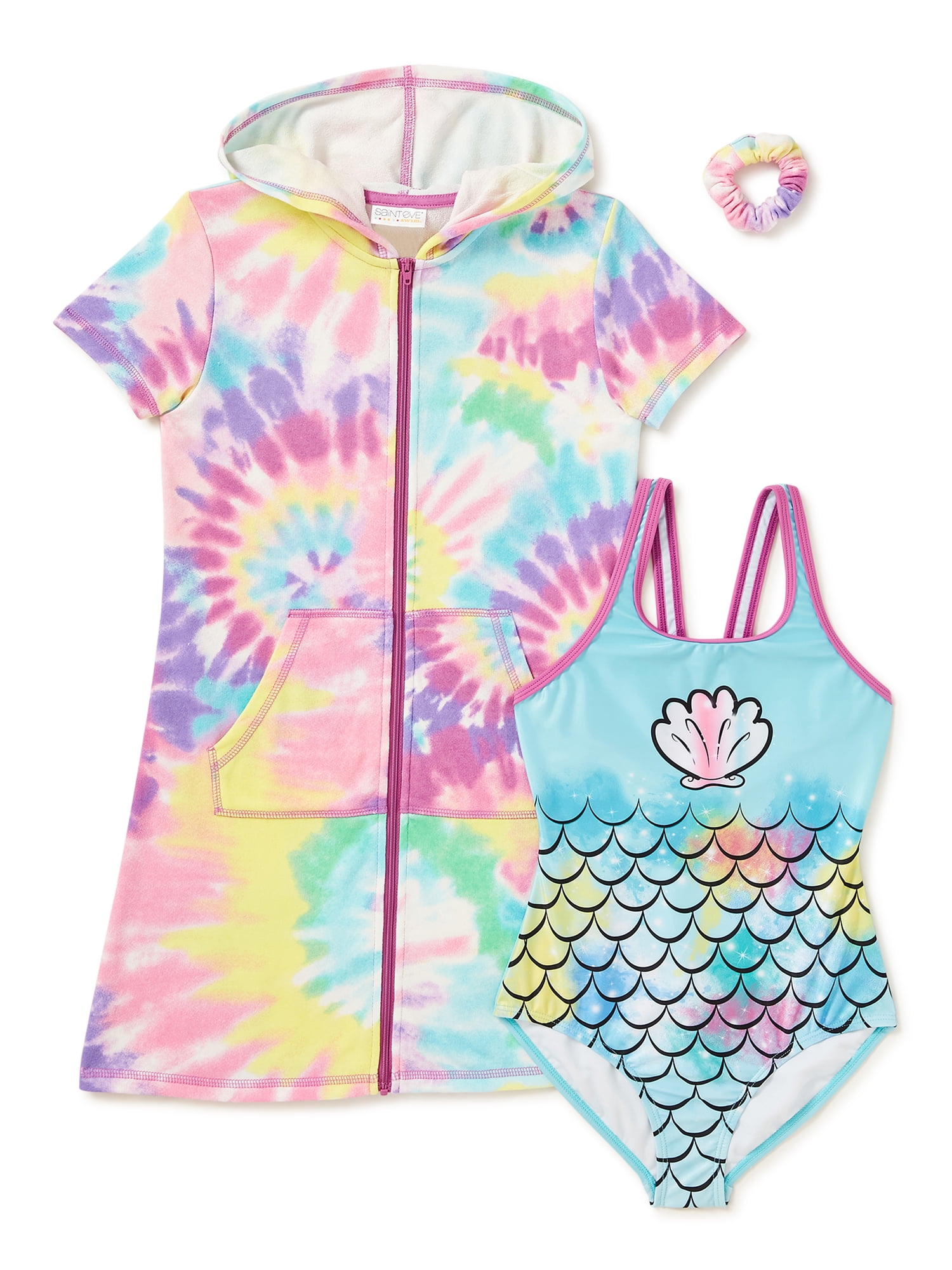 Saint Eve Girls Shell Printed One-Piece Swimsuit, Tie Dye Hooded Cover-Up  and Scrunchie, Sizes 4-12