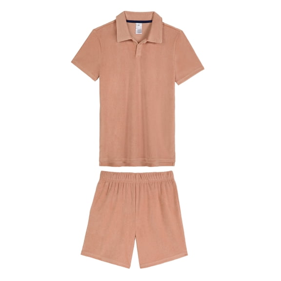 Saint Eve Kids Boys 2-Piece Terry Set – Short Sleeve Notch Collar Top and Pull-On Shorts with Pockets – Lightweight Relaxed Fit Summer Outfit or Swim Cover-Up, Orange, 5T