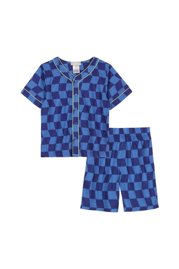 Kids Boys Pajamas, 2 Piece PJ Set Button Down Sport Jersey with Shorts - Blue Check
