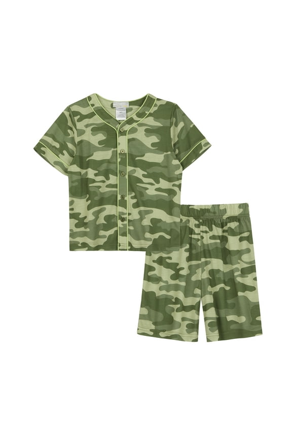 Kids Boys Pajamas, 2 Piece PJ Set Button Down Sport Jersey with Shorts - Green Camo
