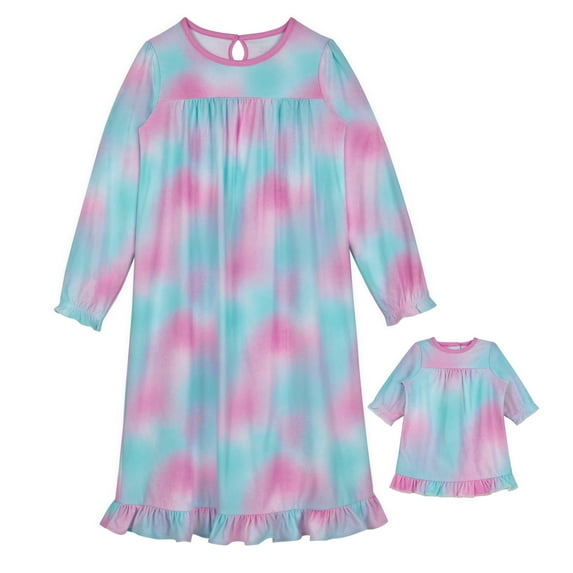 Saint Eve Kids Girl and Doll Matching Nightgown Set, Long Sleeve Soft Flannel Sleep Dress - Blue Tie Dye