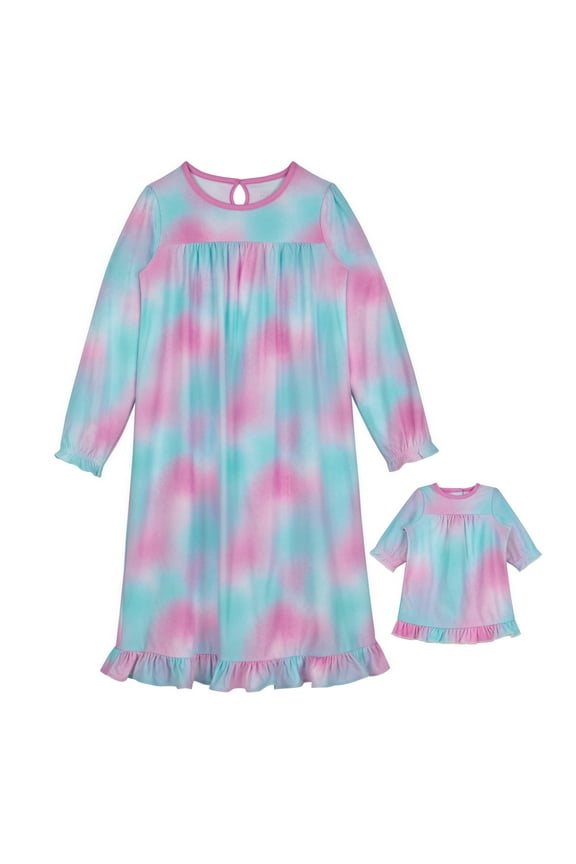 Kids Girl and Doll Matching Nightgown Set, Long Sleeve Soft Flannel Sleep Dress - Blue Tie Dye
