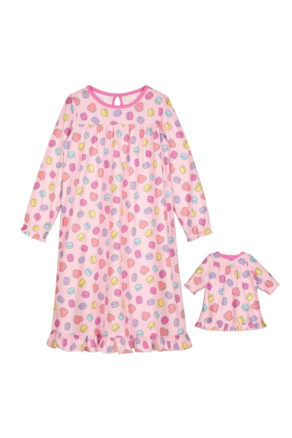 Kids Girl and Doll Matching Nightgown Set, Long Sleeve Soft Flannel Sleep Dress - Pink Macaron