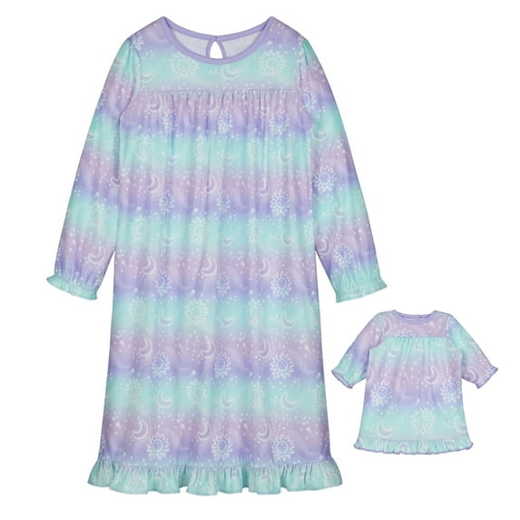 Saint Eve Kids Girl and Doll Matching Nightgown Set, Long Sleeve Soft Flannel Sleep Dress - Purple Celestial