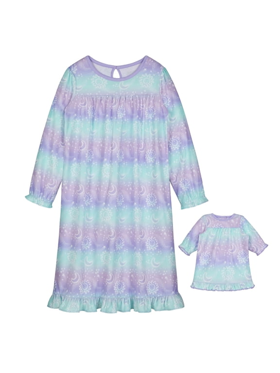 Kids Girl and Doll Matching Nightgown Set, Long Sleeve Soft Flannel Sleep Dress - Purple Celestial