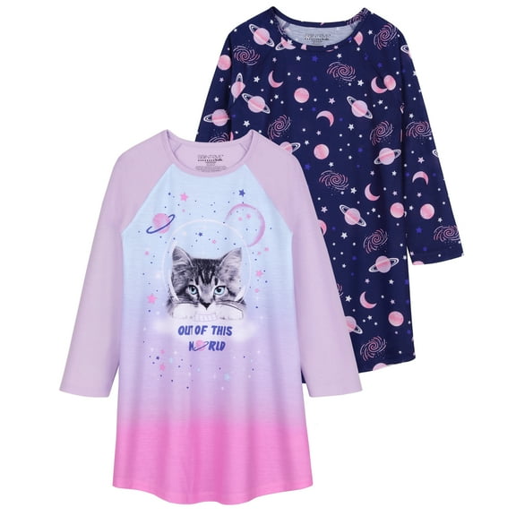 Saint Eve Kids Girls 2 Pack Nightgowns, Long Sleeve 2pc Soft Jersey Sleep Shirt - Blue Cat