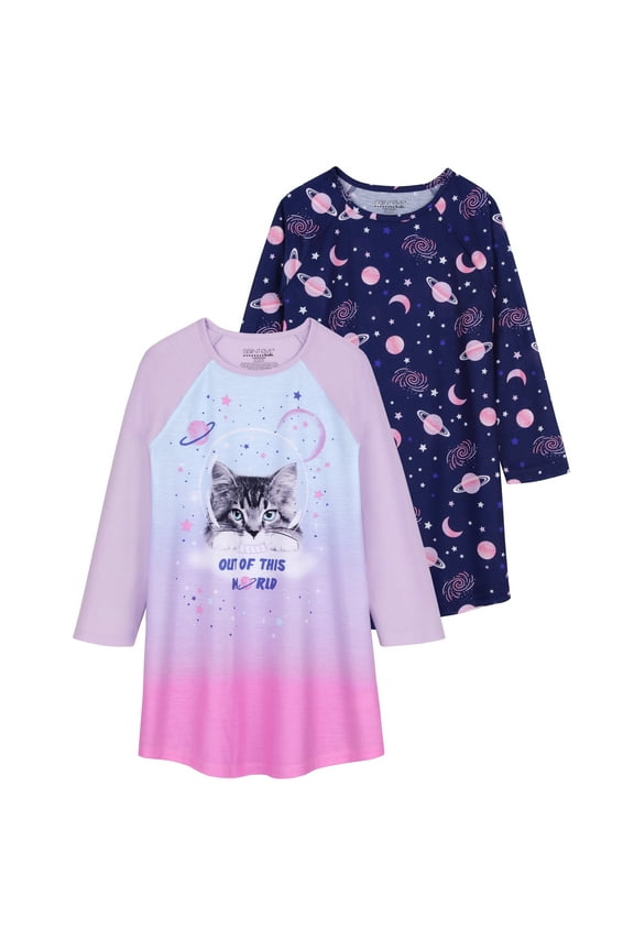 Kids Girls 2 Pack Nightgowns, Long Sleeve 2pc Soft Jersey Sleep Shirt - Blue Cat