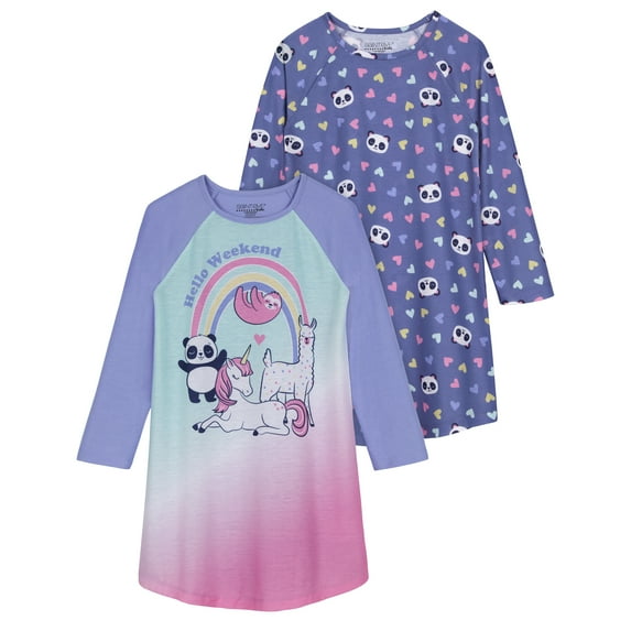 Saint Eve Kids Girls 2 Pack Nightgowns, Long Sleeve 2pc Soft Jersey Sleep Shirt - Blue Panda