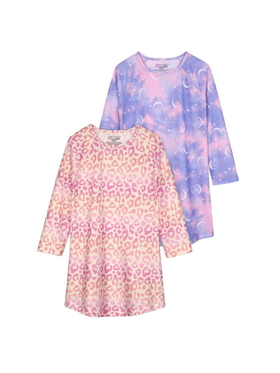 Kids Girls 2 Pack Nightgowns, Long Sleeve 2pc Soft Jersey Sleep Shirt - Pink Leopard Celestial