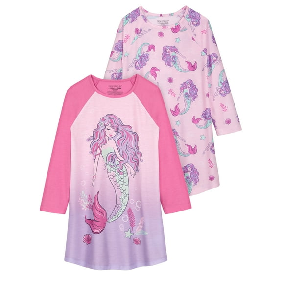 Saint Eve Kids Girls 2 Pack Nightgowns, Long Sleeve 2pc Soft Jersey Sleep Shirt - Pink Mermaid