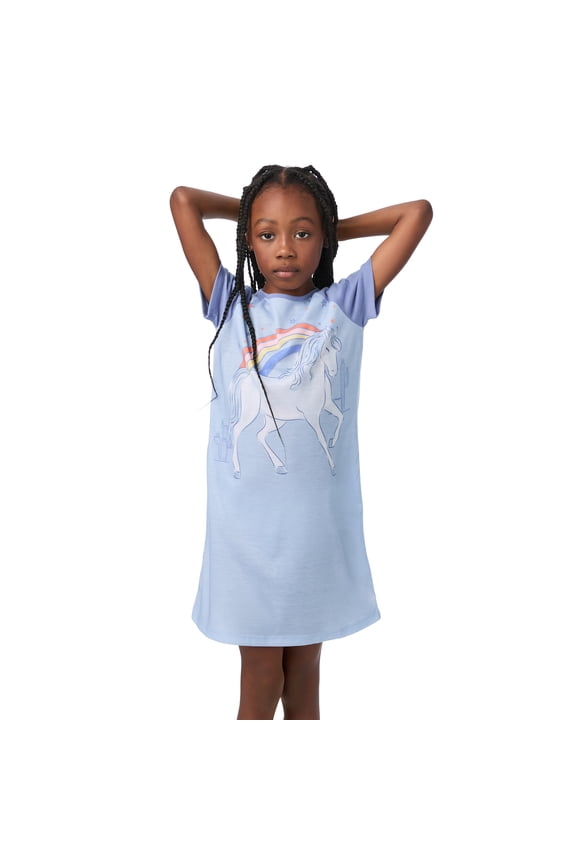 Kids Girls 2 Pack Nightgowns, Short Sleeve 2 Piece Soft Jersey Sleep Shirt - Blue Horse Purple Mermaid, Large