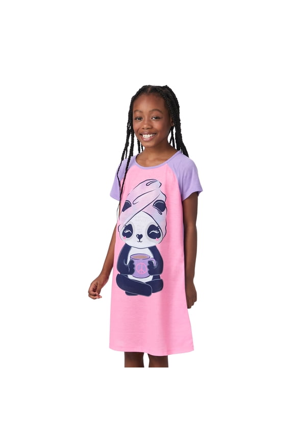 Kids Girls 2 Pack Nightgowns, Short Sleeve 2 Piece Soft Jersey Sleep Shirt - Pink Panda, Small