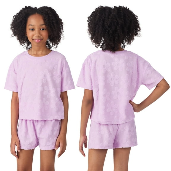 Saint Eve Kids Girls 2 Piece Summer Outfits - Cute, Soft, Lightweight Terry T Shirt and Shorts Set for Kids - Purple Flowers, Large (10/12)