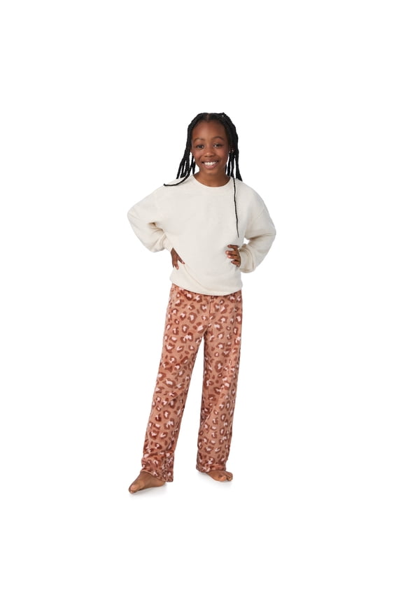 Kids Girls Fuzzy Pajama Pants, 2 Piece PJ Pant Set and Sleep Mask - Pink Cheetah, Medium