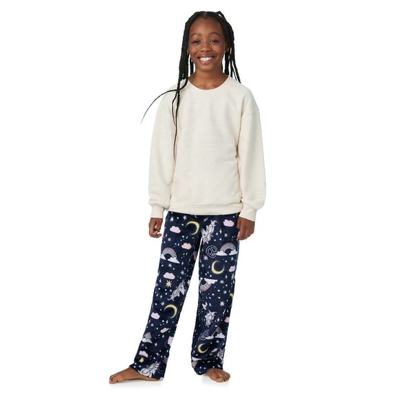 Saint Eve Kids Girls Fuzzy Pajama Pants, 2 Piece PJ Pant Set and Sleep Mask - Purple Unicorn, Large