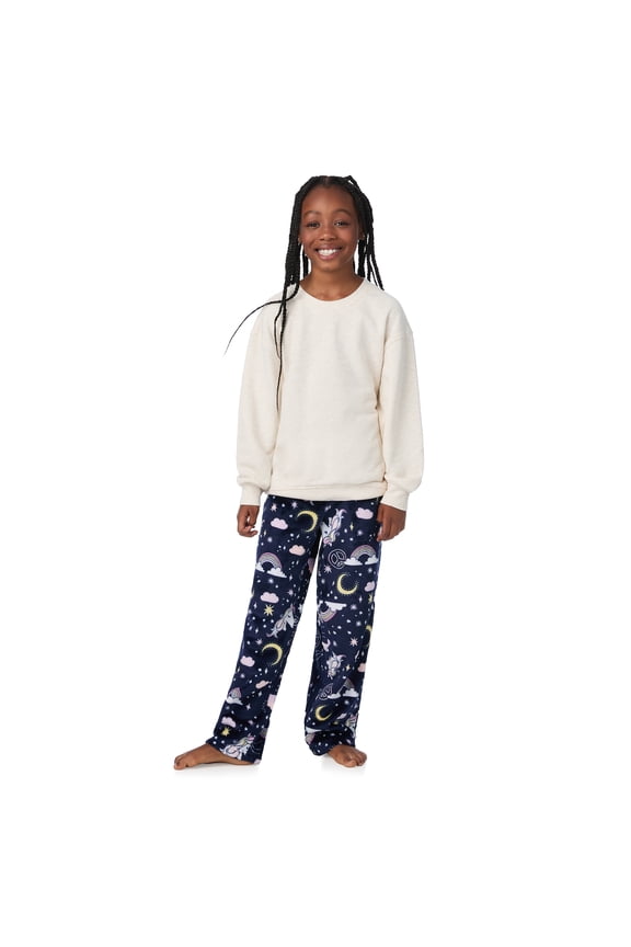 Kids Girls Fuzzy Pajama Pants, 2 Piece PJ Pant Set and Sleep Mask - Purple Unicorn, Medium