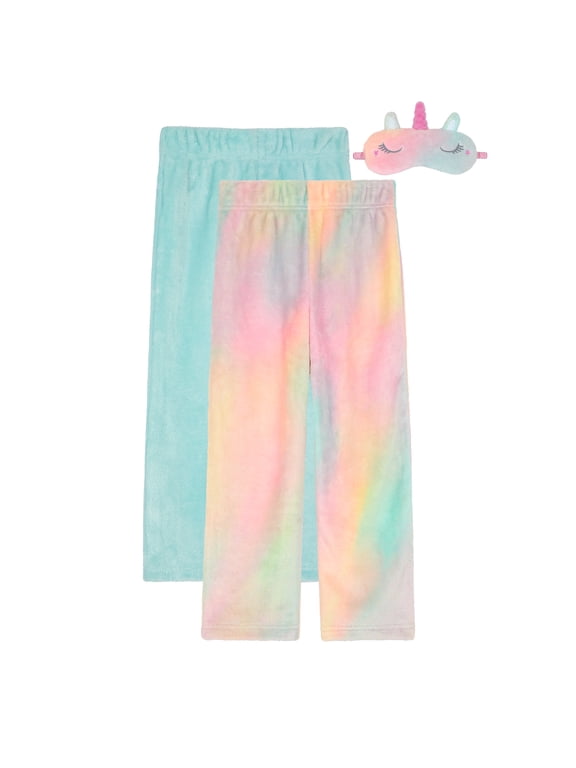 Kids Girls 2-Pack Fuzzy Pajama Pants with Sleep Mask Turquoise Print, Medium