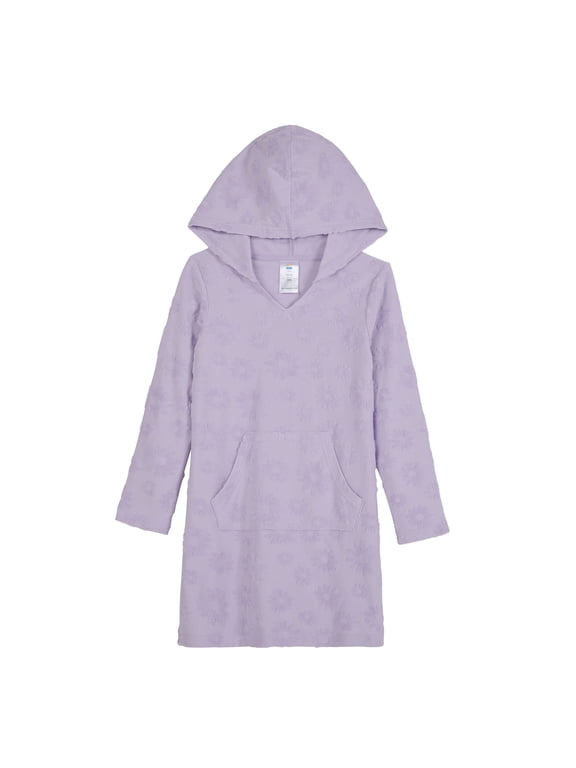 Kids Girls Hooded Terry Cover-Up Dress – Long Sleeve Pullover with Front Pocket – Soft Terrycloth with Summer Graphics, Purple Flower, Medium (10/12)