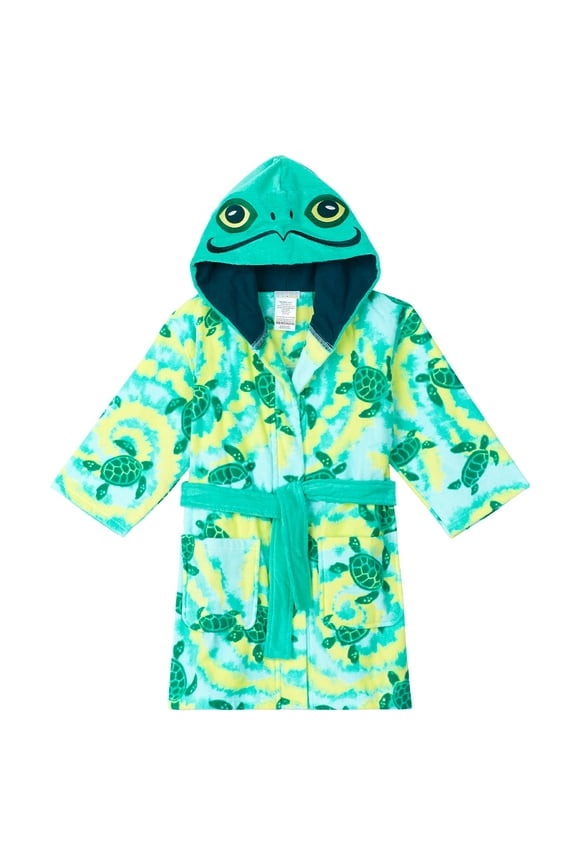 Kids Hooded Terry Swim and Beach Cover Up Robe for Boys and Girls - Green Turtle, XX-Small