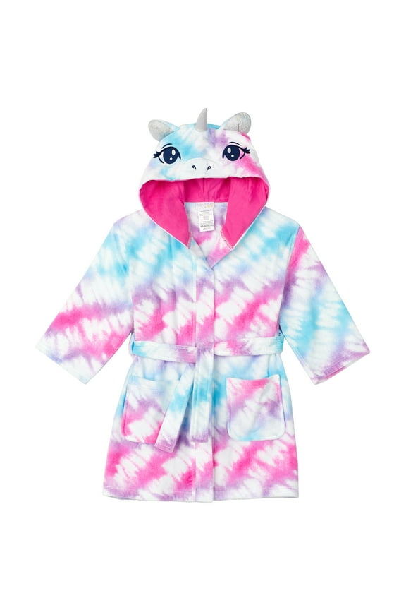 Kids Hooded Terry Swim and Beach Cover Up Robe for Boys and Girls - Pink and Blue Unicorn, Medium
