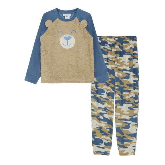Saint Eve Kids Pajama Set, Soft Fleece Animal Print Long Sleeve PJs - Blue Bear