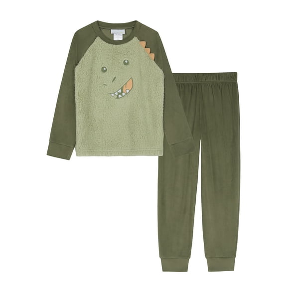 Saint Eve Kids Pajama Set, Soft Fleece Animal Print Long Sleeve PJs - Green Dinosaur