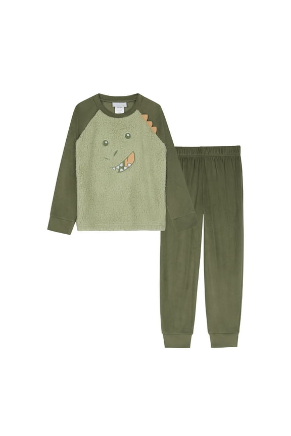 Kids Pajama Set, Soft Fleece Animal Print Long Sleeve PJs - Green Dinosaur