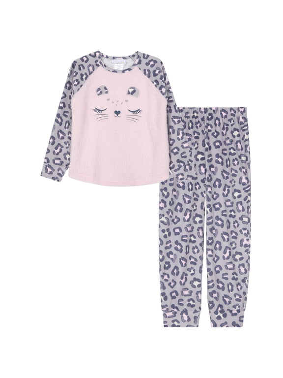 Kids Pajama Set, Soft Fleece Animal Print Long Sleeve PJs - Grey Cheetah