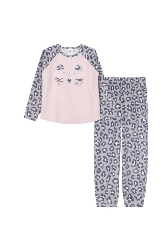 Kids Pajama Set, Soft Fleece Animal Print Long Sleeve PJs - Grey Cheetah