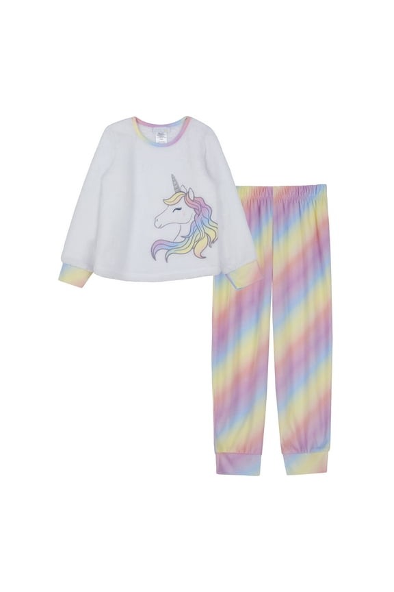 Kids Pajama Set, Soft Fleece Animal Print Long Sleeve PJs - White Unicorn
