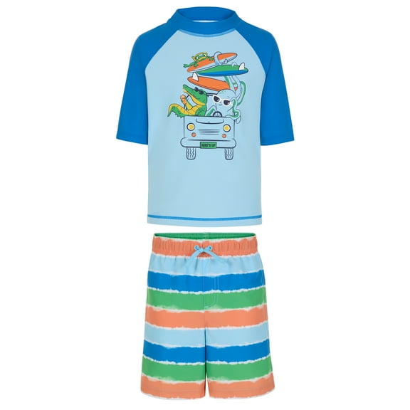 Saint Eve Toddler and Kids Swim Rash Guard UPF 50 Sun Protection 2-Piece Set for Boys - Blue Stripe Road Trip, 6