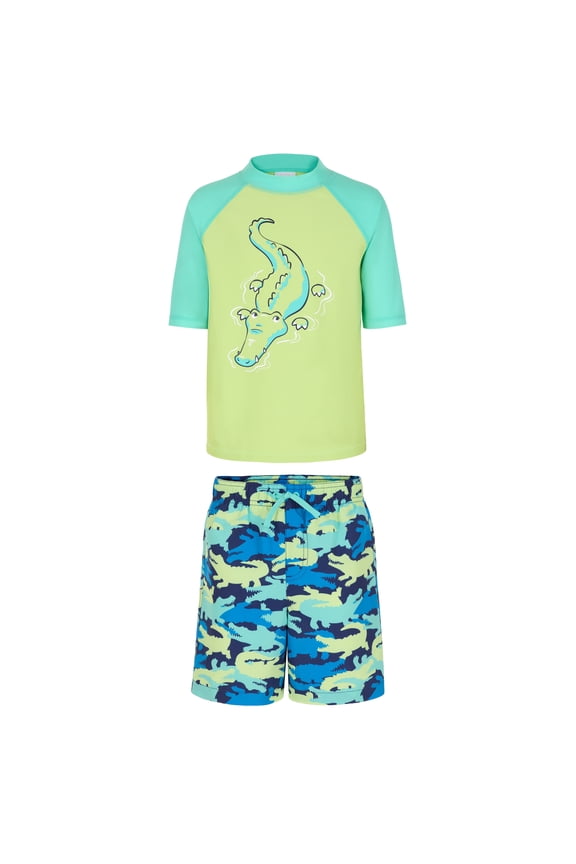 Toddler and Kids Swim Rash Guard UPF 50 Sun Protection 2-Piece Set for Boys - Green Gators, 2T