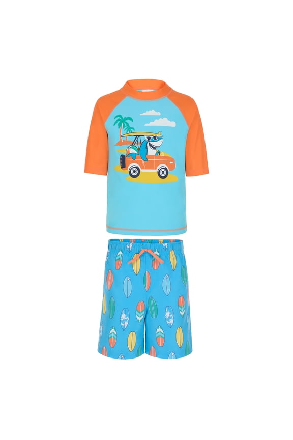 Saint Eve Toddler and Kids Swim Rash Guard UPF 50 Sun Protection 2-Piece Set for Boys - Orange Surf Shark, 4T