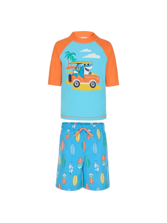 Saint Eve Toddler and Kids Swim Rash Guard UPF 50 Sun Protection 2-Piece Set for Boys - Orange Surf Shark, 5