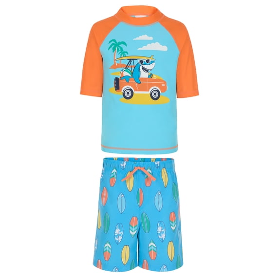 Saint Eve Toddler and Kids Swim Rash Guard UPF 50 Sun Protection 2-Piece Set for Boys - Orange Surf Shark, 6