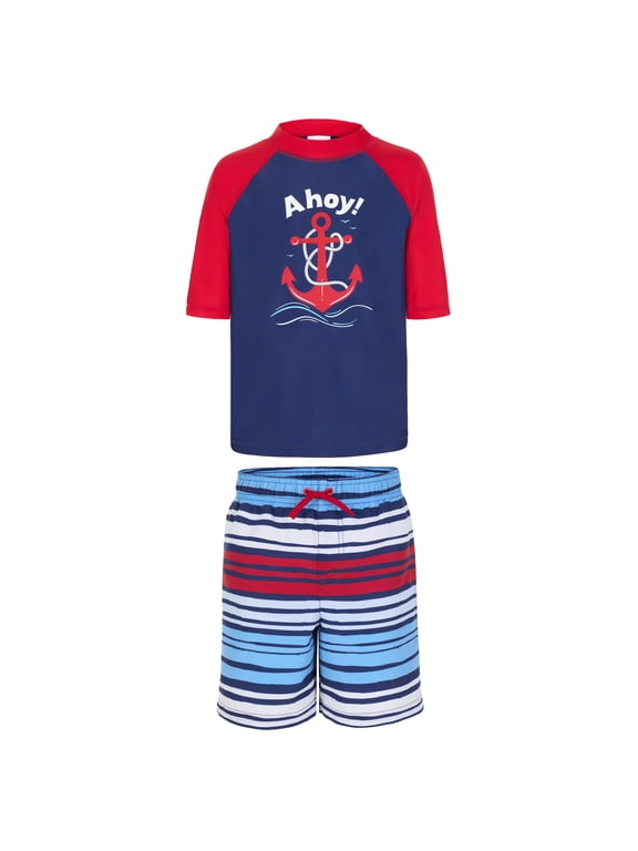 Saint Eve Toddler and Kids Swim Rash Guard UPF 50 Sun Protection 2-Piece Set for Boys - Red & Blue Nautical Stripe, 6