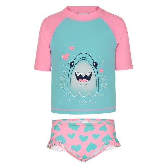 Saint Eve Toddler and Kids Swim Rash Guard UPF 50 Sun Protection 2-Piece Set for Girls - Aqua Shark Hearts, 3T