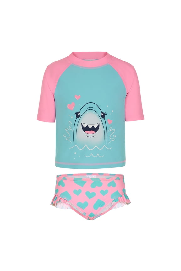 Saint Eve Toddler and Kids Swim Rash Guard UPF 50 Sun Protection 2-Piece Set for Girls - Aqua Shark Hearts, 5