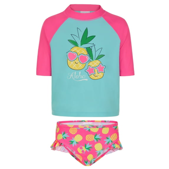 Saint Eve Toddler and Kids Swim Rash Guard UPF 50 Sun Protection 2-Piece Set for Girls - Pink Aqua Pineapples, 3T