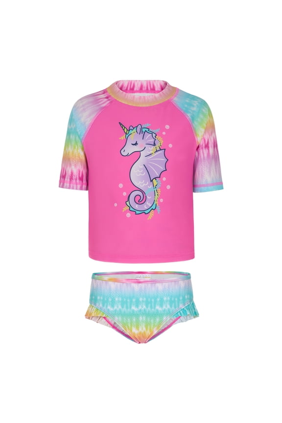Saint Eve Toddler and Kids Swim Rash Guard UPF 50 Sun Protection 2-Piece Set for Girls - Rainbow Pink Seahorse, 5