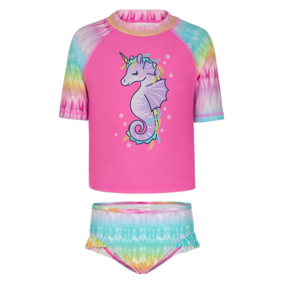 Saint Eve Toddler and Kids Swim Rash Guard UPF 50 Sun Protection 2-Piece Set for Girls - Rainbow Pink Seahorse, 6