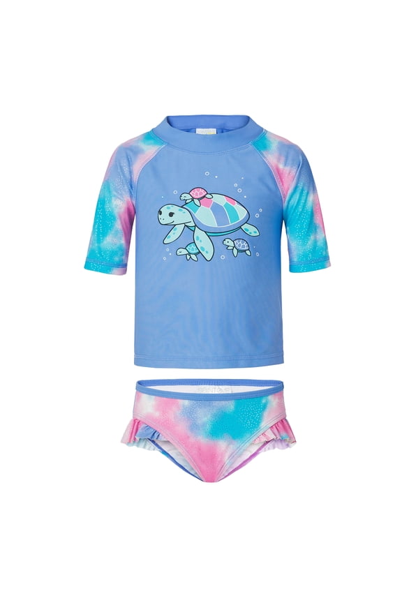 Toddler and Kids Swim Rash Guard UPF 50 Sun Protection 2-Piece Set for Girls - Sea Turtle, 4T