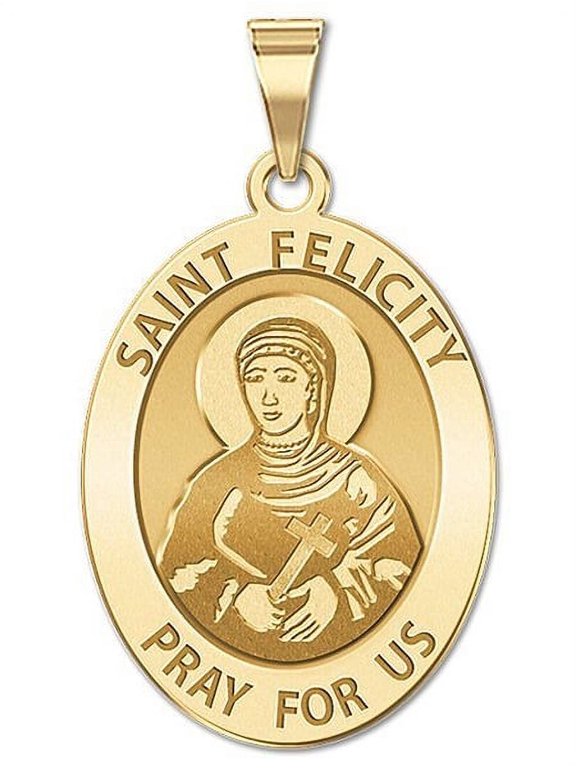 Saint Felicity OVAL Religious Medal - 2/3 X 3/4 Inch Size of Nickel, Solid 14K Yellow Gold