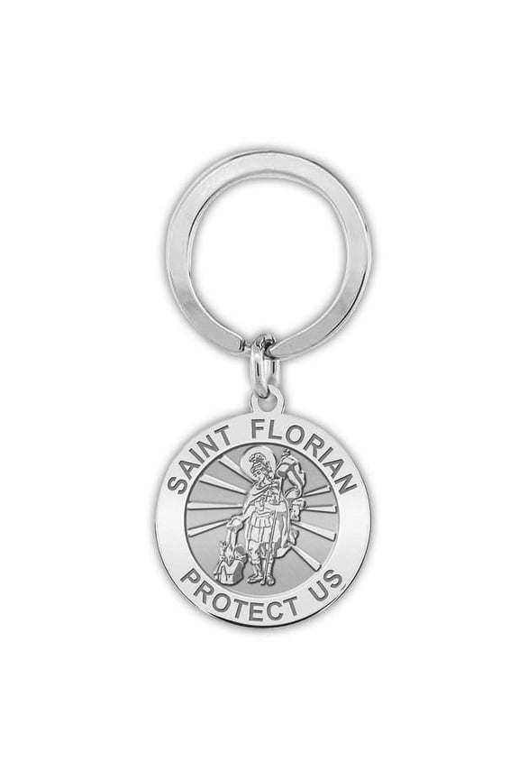 Saint Florian Religious Engravable Keychain - 1 Inch X 1 Inch Round - Sterling Silver