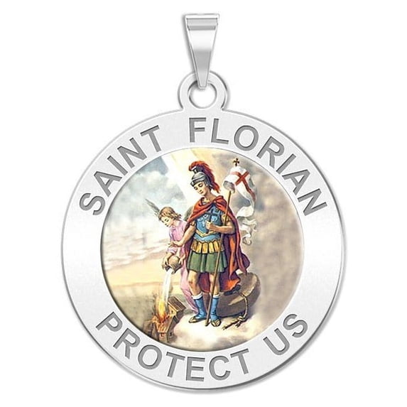 Saint Florian Religious Medal Color - 2/3 Inch Size of Dime, Solid 14K White Gold