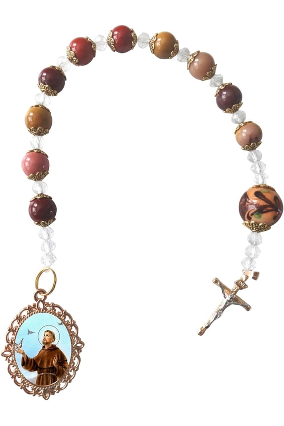 Saint Francis of Assisi San Francisco de Asis Brown Agate Quartz Chaplet Pocket Purse Rosary with Prayer Card Holy Card Available in English and Spanish (ENGLISH)