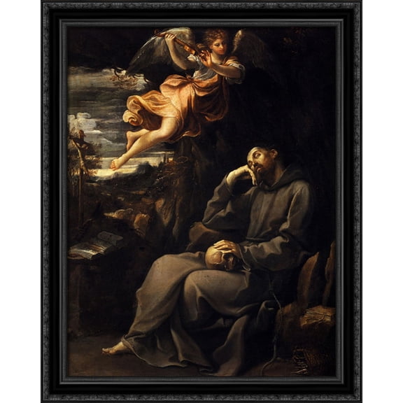Saint Francis deadened with an angel musician 28x36 Large Black Ornate Wood Framed Canvas Art by Guido Reni