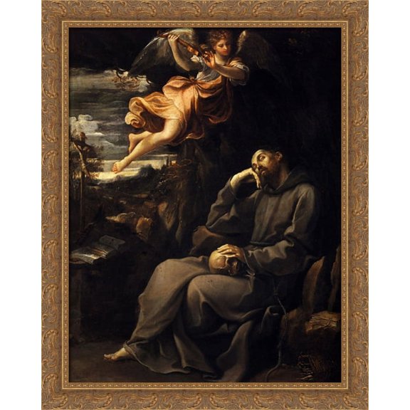 Saint Francis deadened with an angel musician 28x36 Large Gold Ornate Wood Framed Canvas Art by Guido Reni